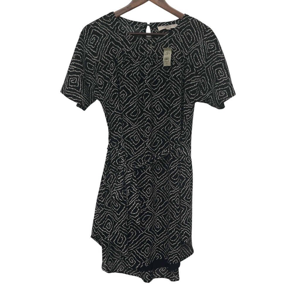LOFT Geometric Print Dress Womens Small Petite Black NWT Belted Short Sleeve - Picture 2 of 10